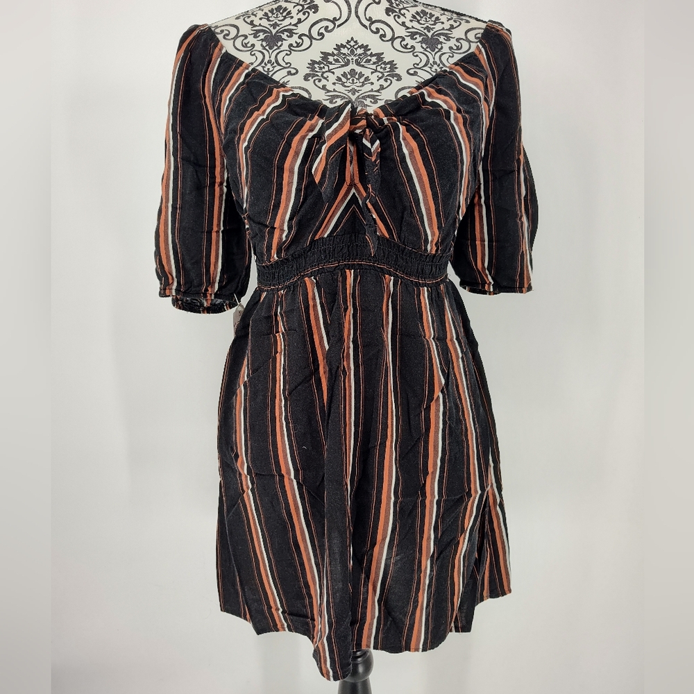 Xhilaration Black and Tan Striped Boho Peasant Mini Dress Size Women's Medium